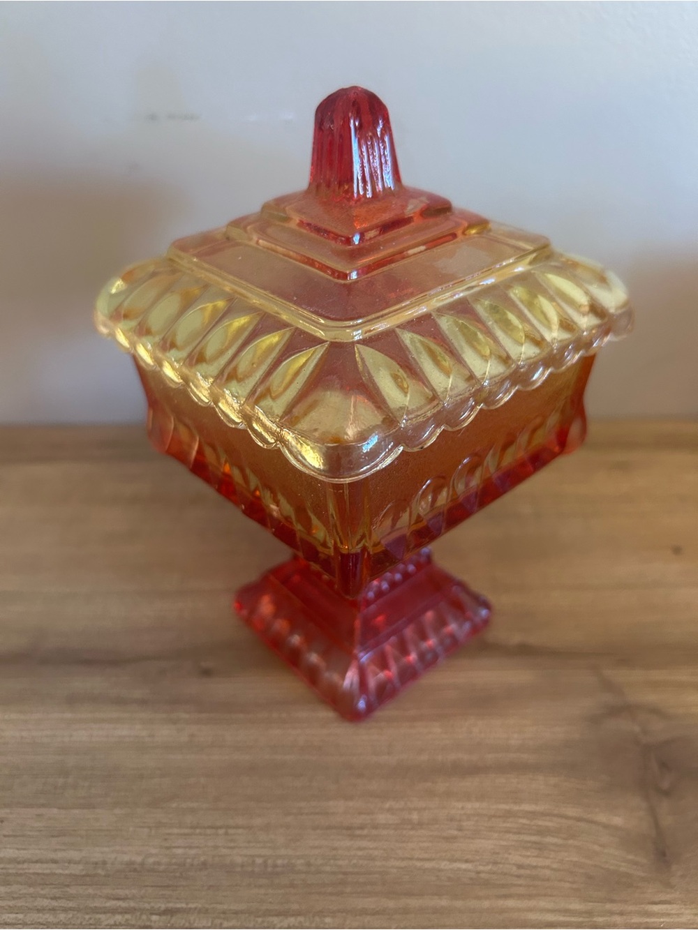 Vintage Amber and Red Glass Covered Candy Dish